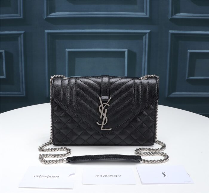 Alternative view of SAINT LAURENT ENVELOPE SMALL IN QUILTED GRAIN DE POUDRE EMBOSSED LEATHER BLACK SILVER 21CM 600195BOW921000