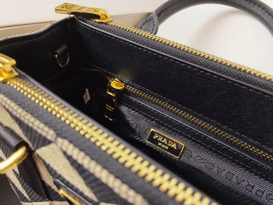 PRADA GALLERIA MINI BAG IN EMBROIDERED JACQUARD BLACK AND BEIGE 20CM 1BA906 2FKL F0Y30 V XOM - Image 5