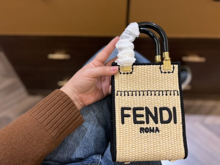 Alternative view of FENDI SUNSHINE MINI LEATHER-TRIMMED EMBROIDERED STRAW TOTE