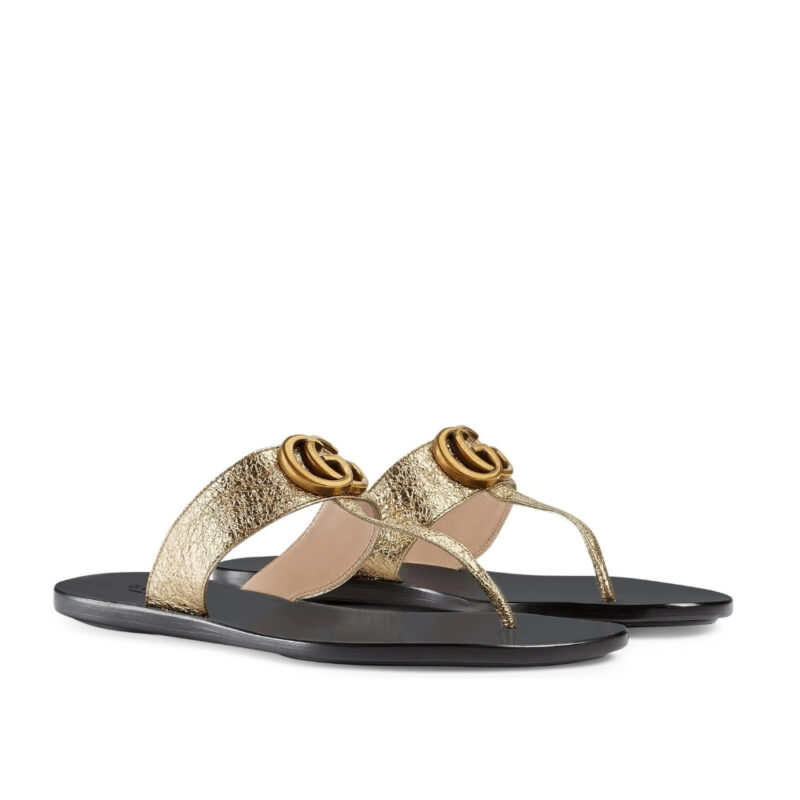 GUCCI DOUBLE G THONG LEATHER METALLIC GOLD ‎497444 0B7N0 7100