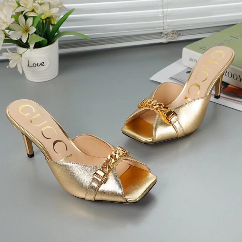 Alternative view of GUCCI SYLVIE CHAIN MULE SANDALS GOLD LEATHER