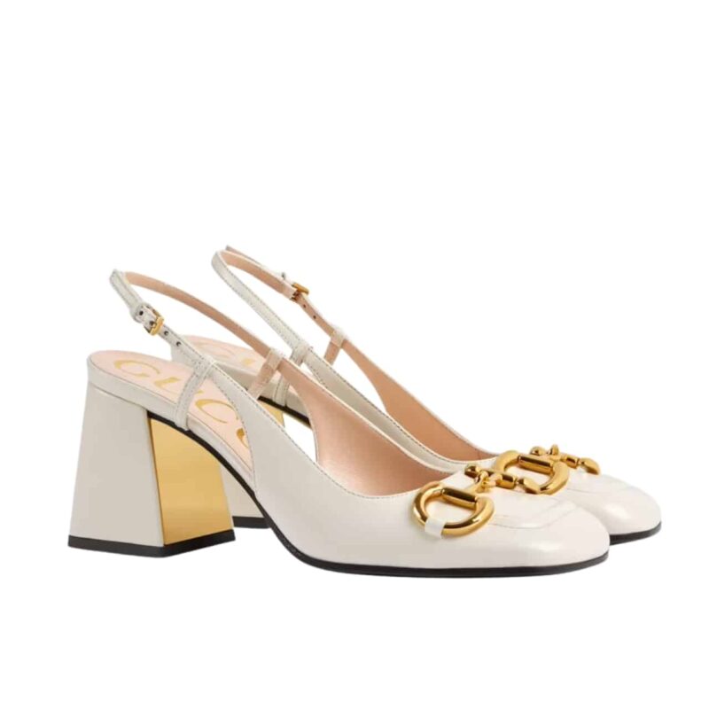 GUCCI WOMEN’S MID HEEL SLINGBACK WITH HORSEBIT WHITE ‎643892 C9D00 9022