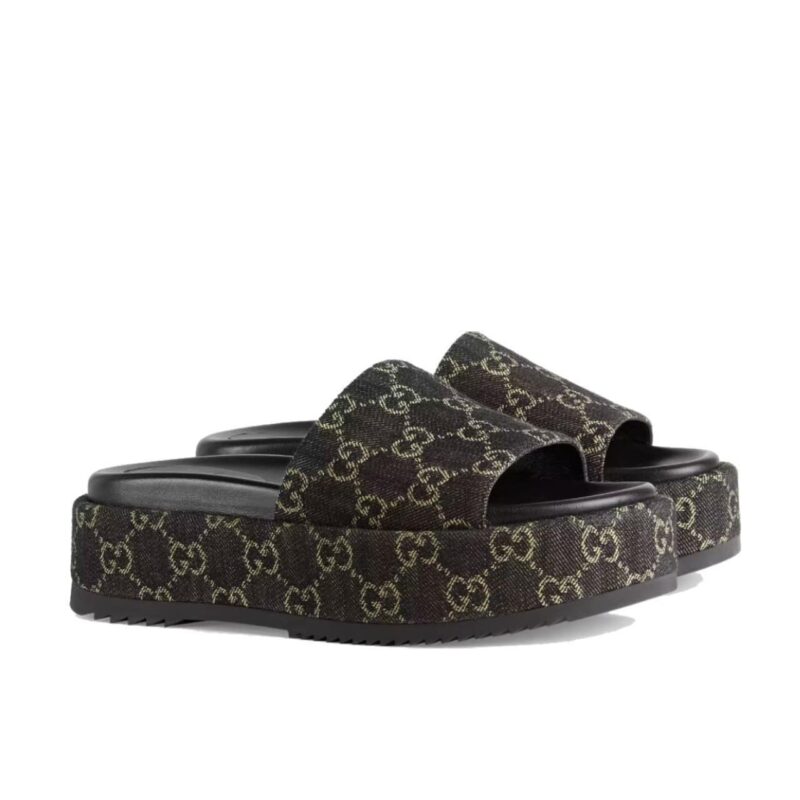 GUCCI WOMEN’S GG LAME PLATFORM SLIDE SANDAL BLACK 623212 UN300 1289