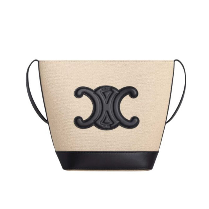 CELINE SMALL BUCKET CUIR TRIOMPHE IN TEXTILE VANILLA BLACK 30CM 198242DU7 01VK