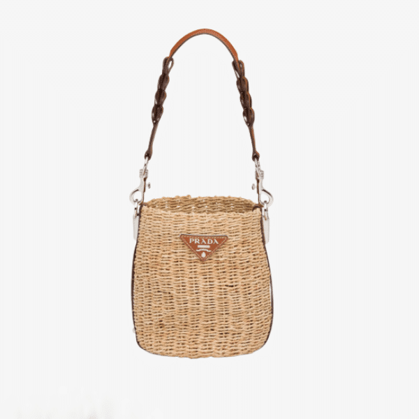 PRADA RAFFIA AND LEATHER BUCKET BAG