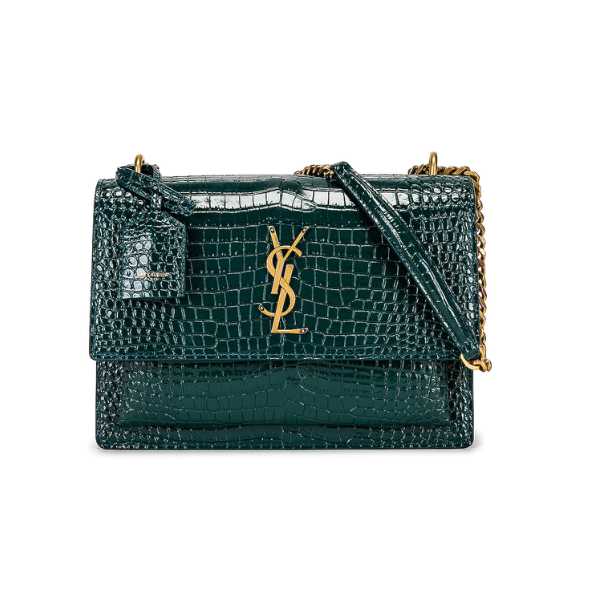 SAINT LAURENT SUNSET MEDIUM CHAIN BAG IN CROCODILE-EMBOSSED SHINY LEATHER MINT 442906DND0J3144