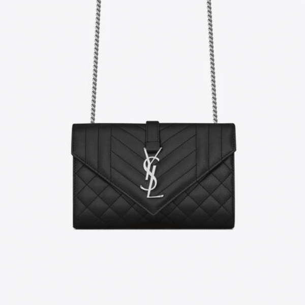 SAINT LAURENT ENVELOPE SMALL BAG IN MIX MATELASSÉ GRAIN DE POUDRE EMBOSSED BLACK SILVER 21CM 600195BOW921000