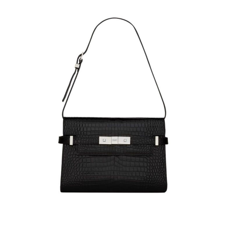 SAINT LAURENT MANHATTAN SMALL IN SHINY CROCODILE EMBOSSED LEATHER BLACK SILVER 25CM