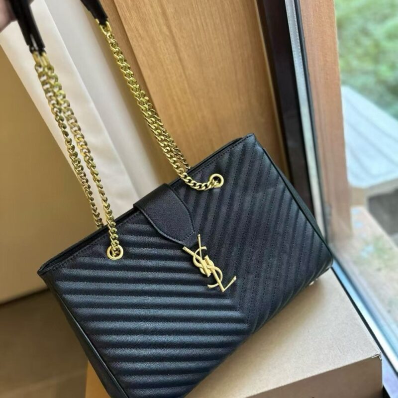 Alternative view of SAINT LAURENT BLACK GRAIN DE POUDRE MATELASSE CHEVRON MONOGRAM SHOPPING BAG GOLD HARDWARE