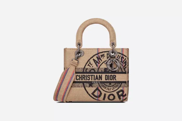 DIOR MEDIUM LADY D-LITE BAG BEIGE JUTE CANVAS EMBROIDERED WITH UNION MOTIF M0565BRUW_M918 24CM
