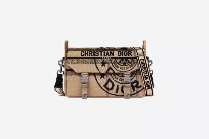 DIOR SMALL CAMP BEIGE JUTE CANVAS EMBROIDERED WITH UNION MOTIF M1241BRUW_M918 23CM