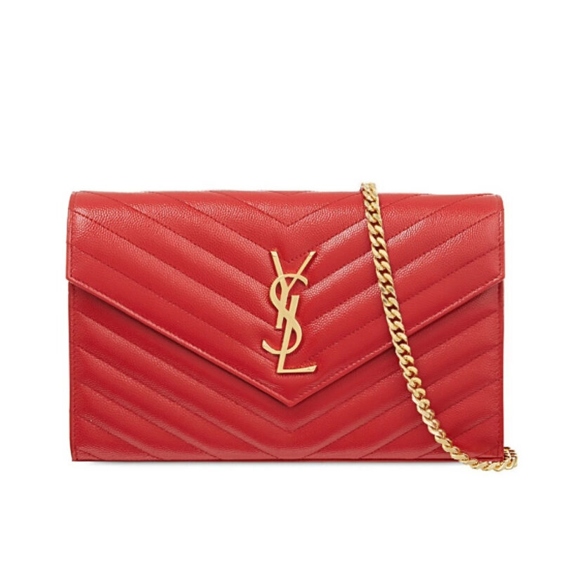 SAINT LAURENT CASSANDRE MATELASSÉ ENVELOPE IN GRAIN DE POUDRE EMBOSSED LEATHER RED 22CM 695108BOW016008