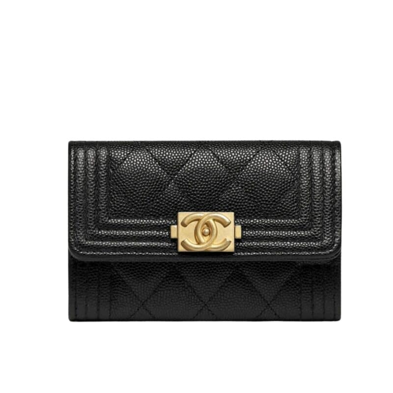 CHANEL BOY FLAP CARD HOLDER WALLET GOLD BLACK 10CM A80603 B01490 94305