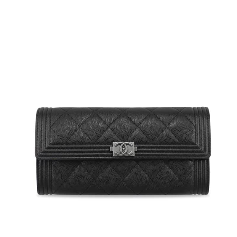 CHANEL BOY LONG FLAP WALLET GRAINED AND RUTHENIUM BLACK SILVER 19CM A80286 B01489 94305