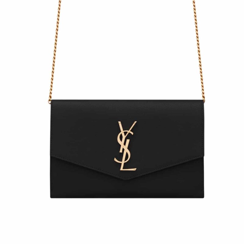 SAINT LAURENT UPTOWN CHAIN WALLET IN GRAIN DE POUDRE EMBOSSED BLACK 19CM 6077881GF0J1000