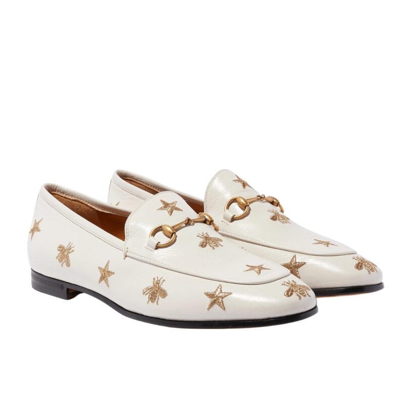 GUCCI JORDAAN EMBROIDERED LEATHER LOAFER WHITE 505281 D3V00 9022