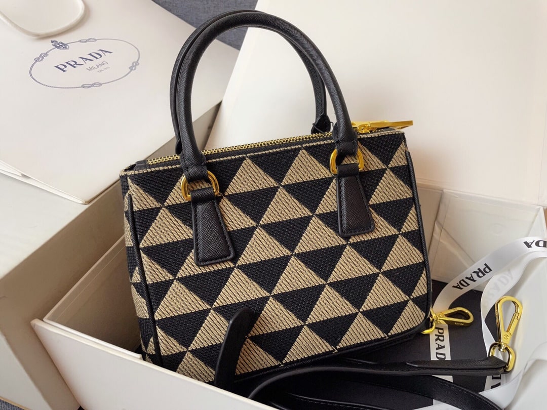 PRADA GALLERIA MINI BAG IN EMBROIDERED JACQUARD BLACK AND BEIGE 20CM 1BA906 2FKL F0Y30 V XOM - Image 3