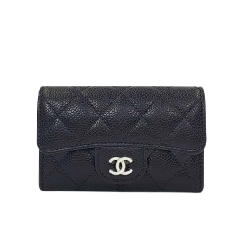 CHANEL CLASSIC CARD HOLDER GRAIN LEATHER BLACK WITH SILVER HARDWARE 11CM AP0214 Y01588 C3906