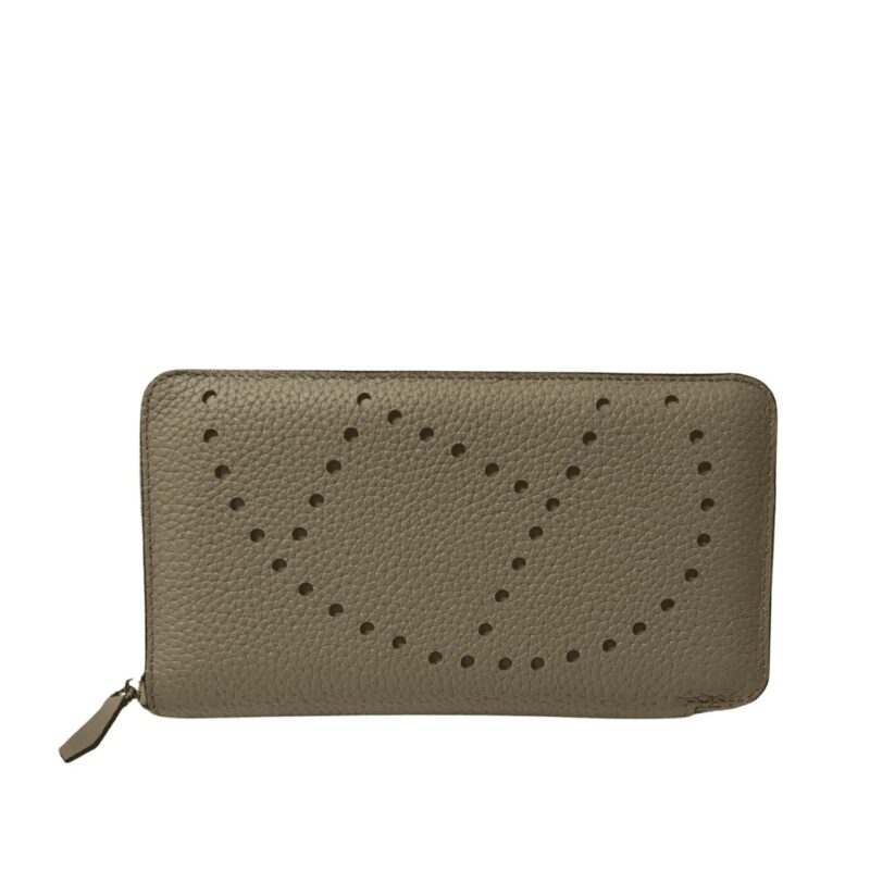 HERMES EVELYNE CHEVRE LEATHER ZIP LONG WALLET GREY 19CM