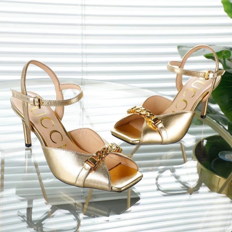 Alternative view of GUCCI METAL CHAIN STILETTO HEELS FLIP FLOP FISH MOUTH SANDALS GOLD