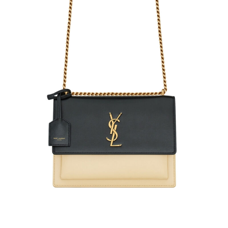 SAINT LAURENT SUNSET MEDIUM CHAIN BAG IN SMOOTH LEATHER BAG BEIGE BLACK 22CM 442906D42EW1089