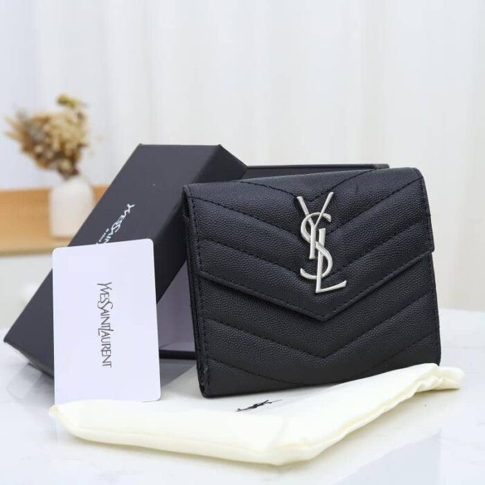 Alternative view of SAINT LAURENT CASSANDRE MATELASSÉ SMALL ENVELOPE WALLET IN GRAIN DE POUDRE LEATHER BLACK SILVER 13CM 414404BOW021000
