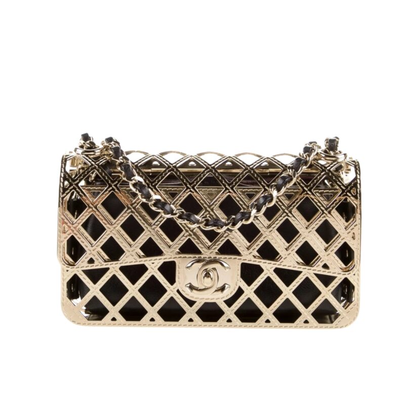 CHANEL METALLIC DIAMOND LINED BLACK LEATHER CHAIN FLAP BAG GOLD 18CM AS2514 B05552 NC533