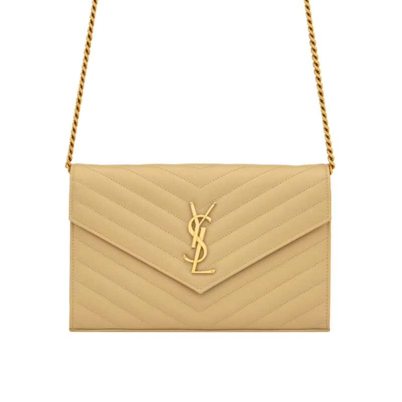 SAINT LAURENT CLASSIC CASSANDRE CHAIN WALLET IN GRAIN DE POUDRE LEATHER BEIGE 22CM 377828BOW012721
