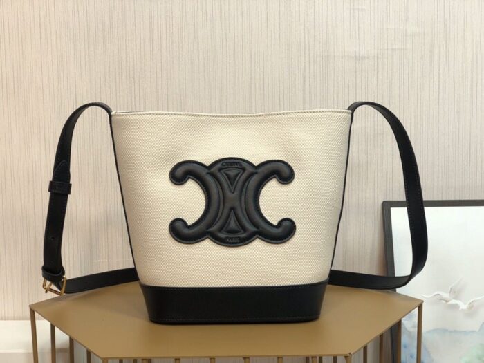 Alternative view of CELINE SMALL BUCKET CUIR TRIOMPHE IN TEXTILE VANILLA BLACK 30CM 198242DU7 01VK