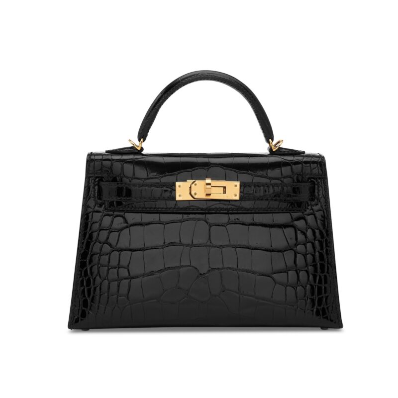 HERMES MINI KELLY CROCODILE GOLD TONED HARDWARE BLACK 19CM