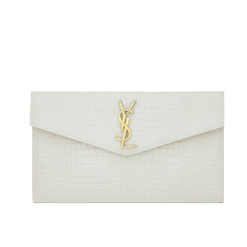SAINT LAURENT UPTOWN POUCH IN CROCODILE EMBOSSED SHINY LEATHER WHITE 27CM 565739DND0J9207