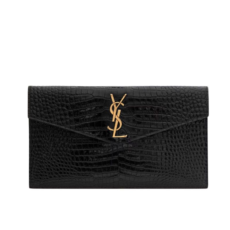 SAINT LAURENT UPTOWN POUCH IN CROCODILE EMBOSSED SHINY LEATHER GOLD BLACK 27CM 565739DND0J1000