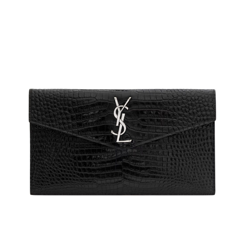 SAINT LAURENT UPTOWN POUCH IN CROCODILE EMBOSSED SHINY LEATHER SILVER BLACK 27CM 565739DND0N1000