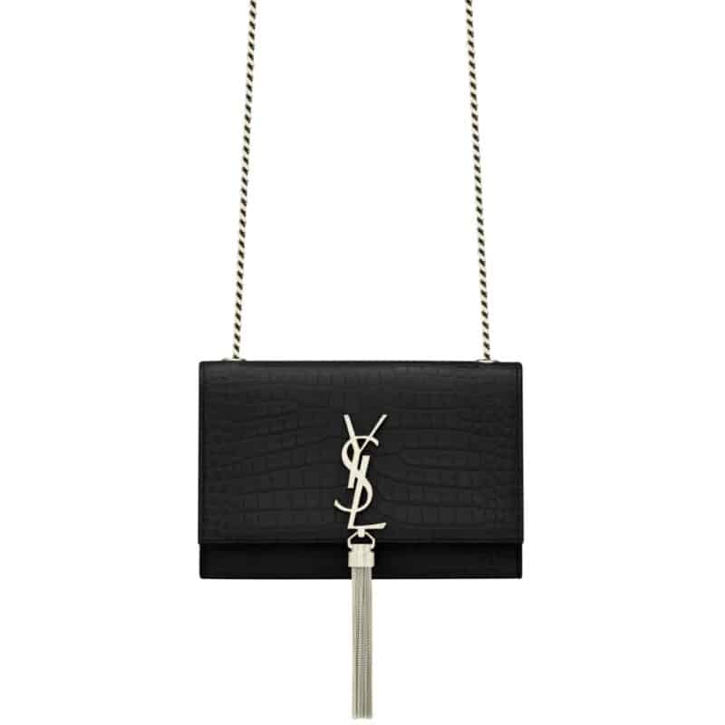 SAINT LAURENT KATE SMALL TASSEL IN CROCODILE EMBOSSED LEATHER SILVER BLACK 19CM 474366DND0N1000