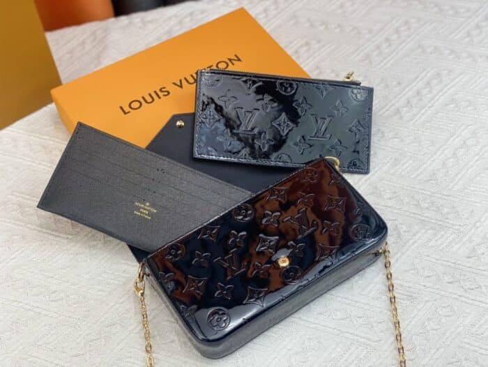 LOUIS VUITTON POCHETTE FÉLICE AMARANTE MONOGRAM VERNIS BLACK 21CM M61267