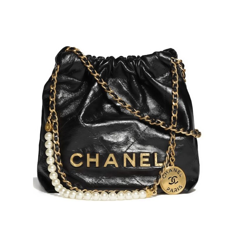CHANEL 22 MINI HANDBAG SHINY CRYSTAL PEARLS GOLD TONE METAL BLACK 22CM AS3980 B10672 94305