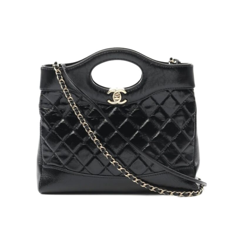 CHANEL 31 LARGE SHINY LEATHER HANDLE BAG GOLD HARDWARE BLACK 37CM