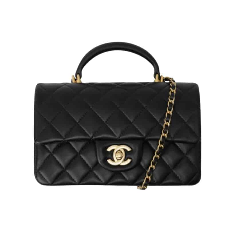 CHANEL MINI FLAP BAG WITH TOP HANDLE GOLD HARDWARE BLACK 20CM AS2431 B05810 94305