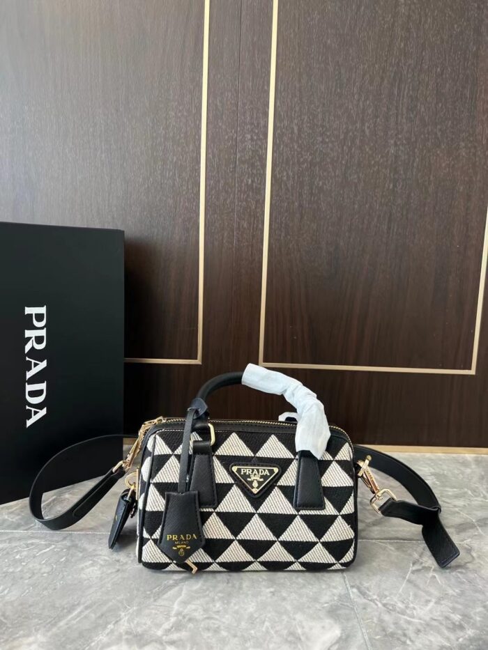 Alternative view of PRADA SYMBOLE EMBROIDERED FABRIC TOP HANDLE BAG BLACK 20CM 1BB846 2FKL F0Y30 V XOO