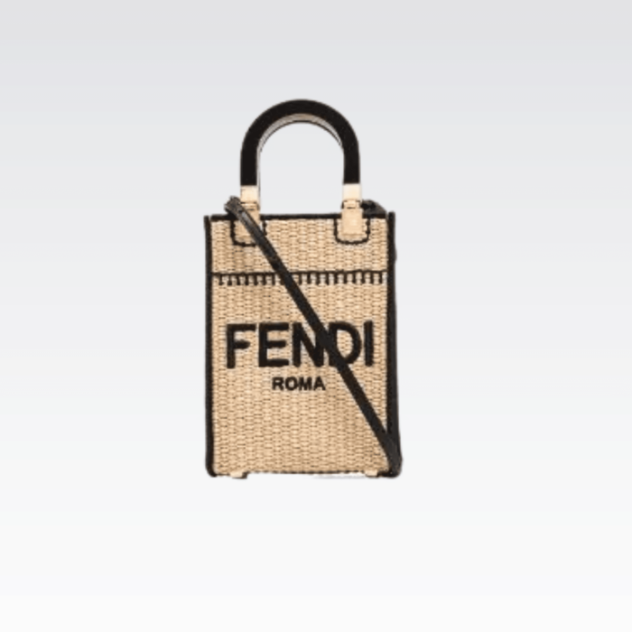 FENDI SUNSHINE MINI LEATHER-TRIMMED EMBROIDERED STRAW TOTE