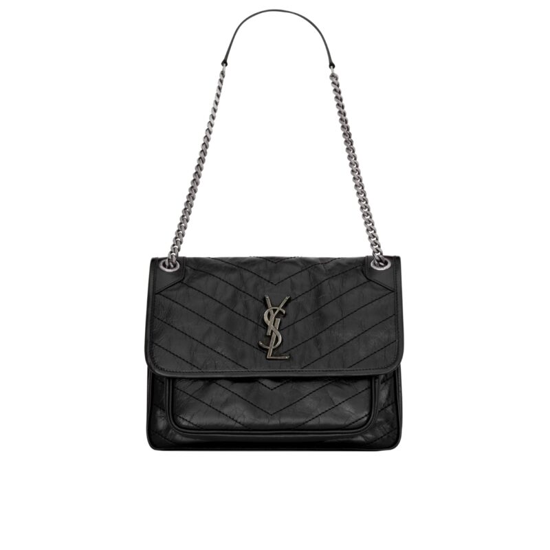 SAINT LAURENT NIKI MEDIUM IN VINTAGE LEATHER BLACK WITH SILVER HARDWARE 28CM