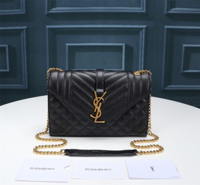 Alternative view of SAINT LAURENT ENVELOPE SMALL IN QUILTED GRAIN DE POUDRE EMBOSSED LEATHER GOLD BLACK 21CM 600195BOW911000