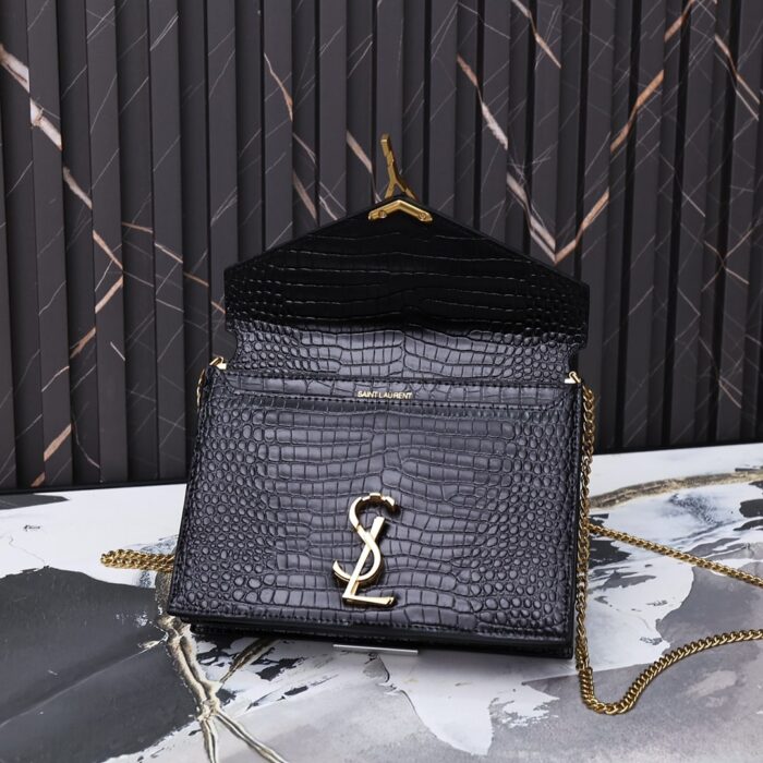 Alternative view of SAINT LAURENT CASSANDRA CROC-EMBOSSED SHINY LEATHER CROSS-BODY BAG BLACK