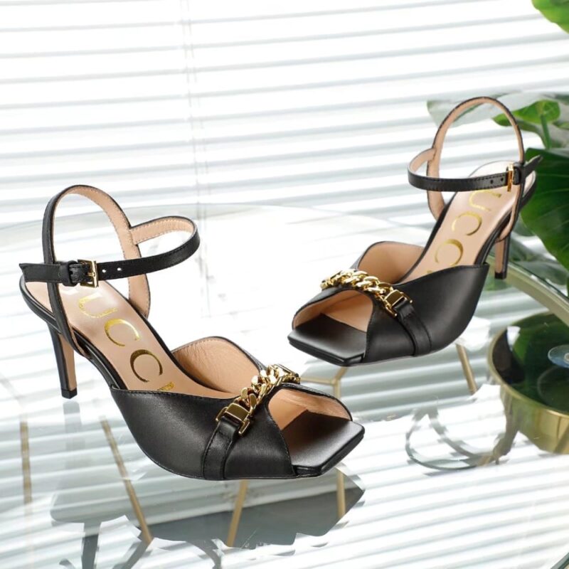 Alternative view of GUCCI METAL CHAIN STILETTO HEELS FLIP FLOP FISH MOUTH SANDALS BLACK