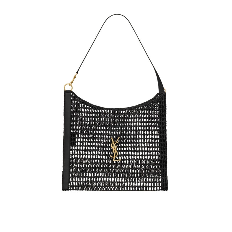 SAINT LAURENT OXALIS IN RAFFIA CROCHET AND LEATHER BLACK 41CM 781289GAAEA1000