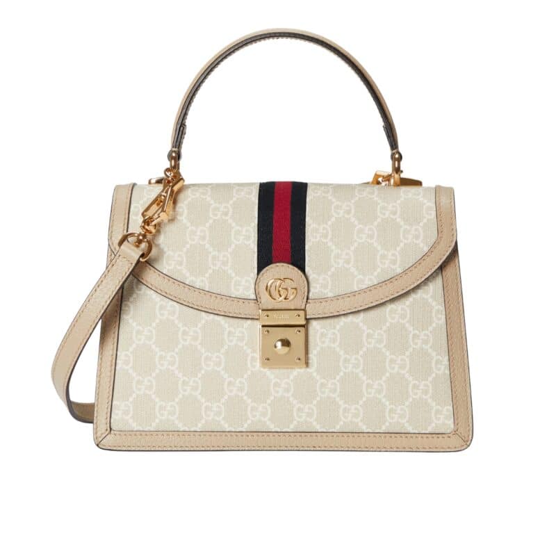 GUCCI OPHIDIA MEDIUM TOP HANDLE BAG GG SUPREME BEIGE AND WHITE 25CM 651055 UULAG 9682