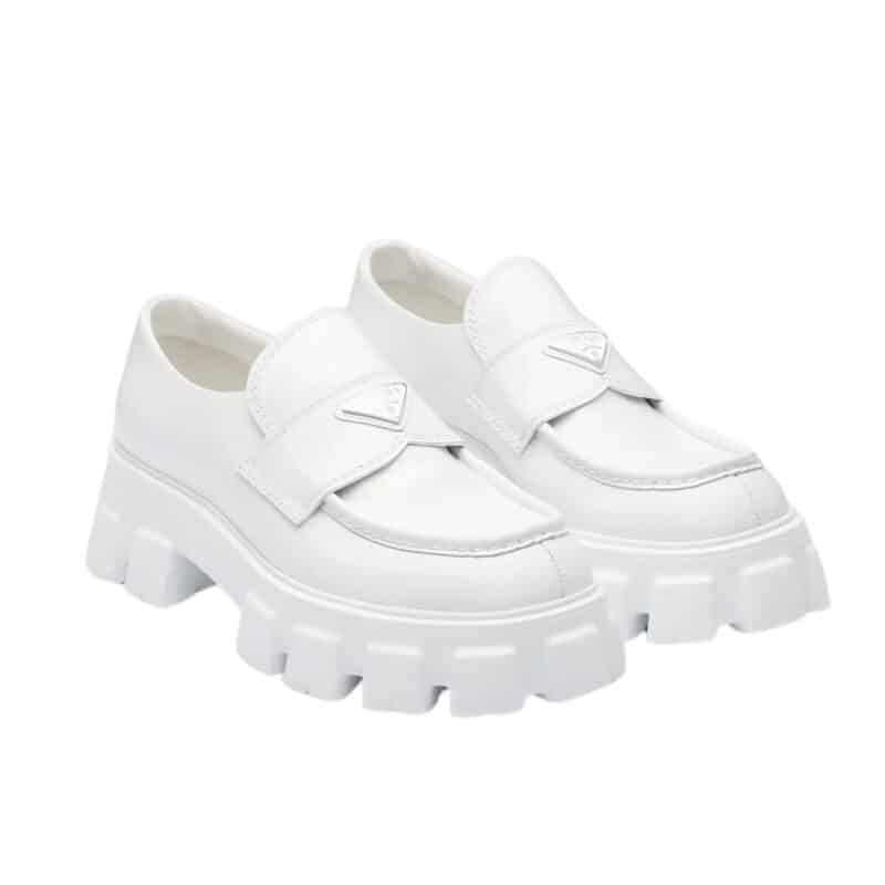 PRADA MONOLITH BRUSHED LEATHER LOAFERS WHITE 2DE129 B4L F0009