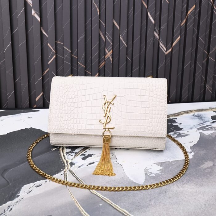 Alternative view of SAINT LAURENT KATE MEDIUM CHAIN BAG WITH TASSEL IN CROCODILE-EMBOSSED SHINY WHITE 354119DND0J9207