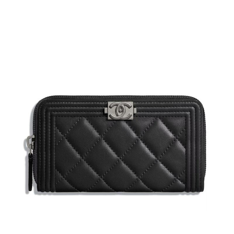 CHANEL BOY LONG ZIPPED WALLET SILVER HARDWARE BLACK 19CM