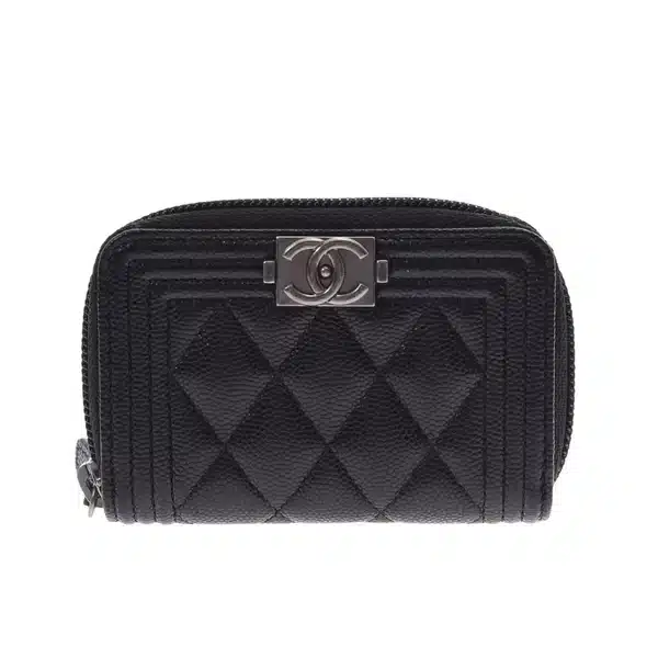 CHANEL BOY ZIPPED COIN BLACK SILVER PURSE A80602
